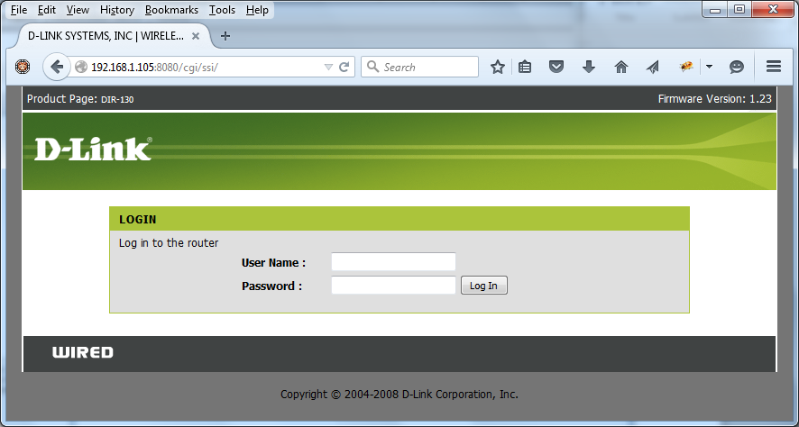 D-Link Dir-130 Login Page